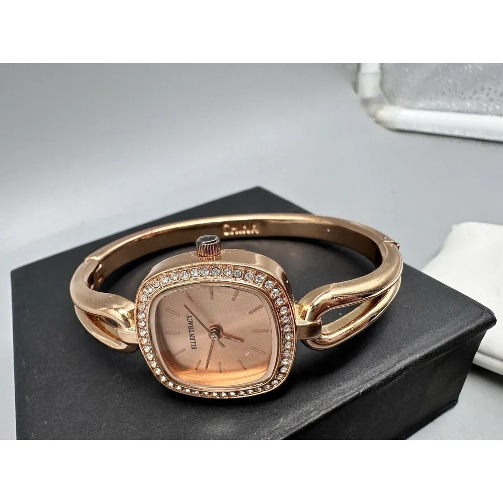 Rose Gold Ellen Tracy Ladies Halo Clamper Bangle Bracelet Watch New Battery